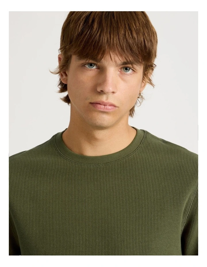 Crew Neck Long Sleeve Waffle Knit Top in Olive image 3