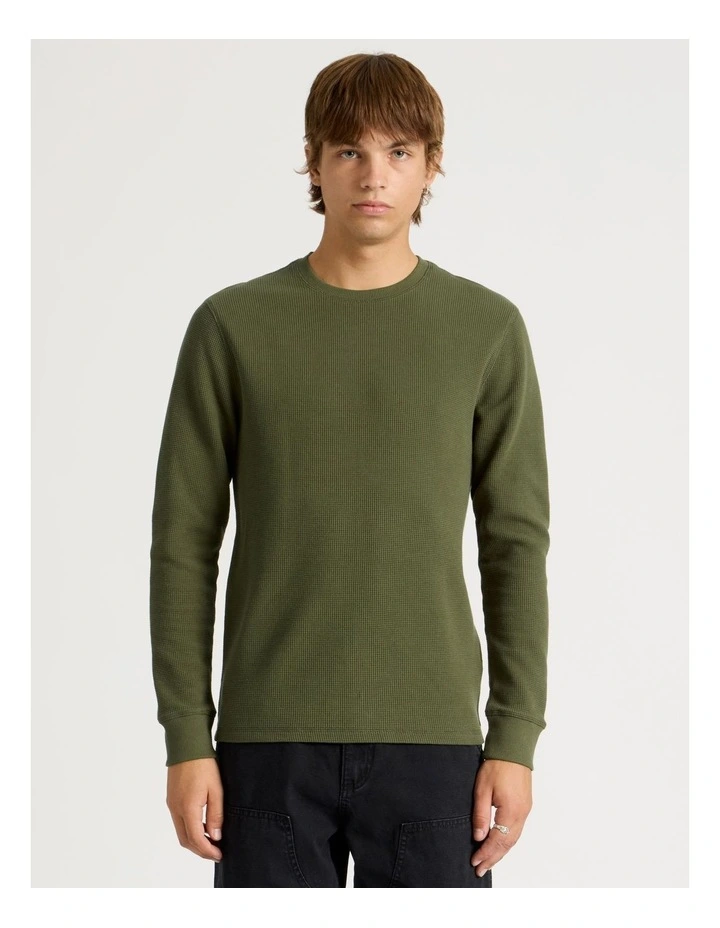 Crew Neck Long Sleeve Waffle Knit Top in Olive image 4