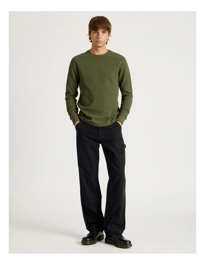 Crew Neck Long Sleeve Waffle Knit Top in Olive image 5