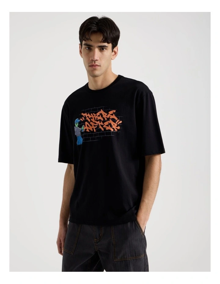 Graffiti Print Short Sleeve Tee in Black image 1