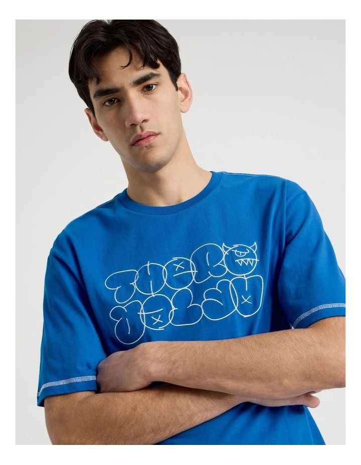 Contrast Stitch Print Short Sleeve Tee in Blue image 1