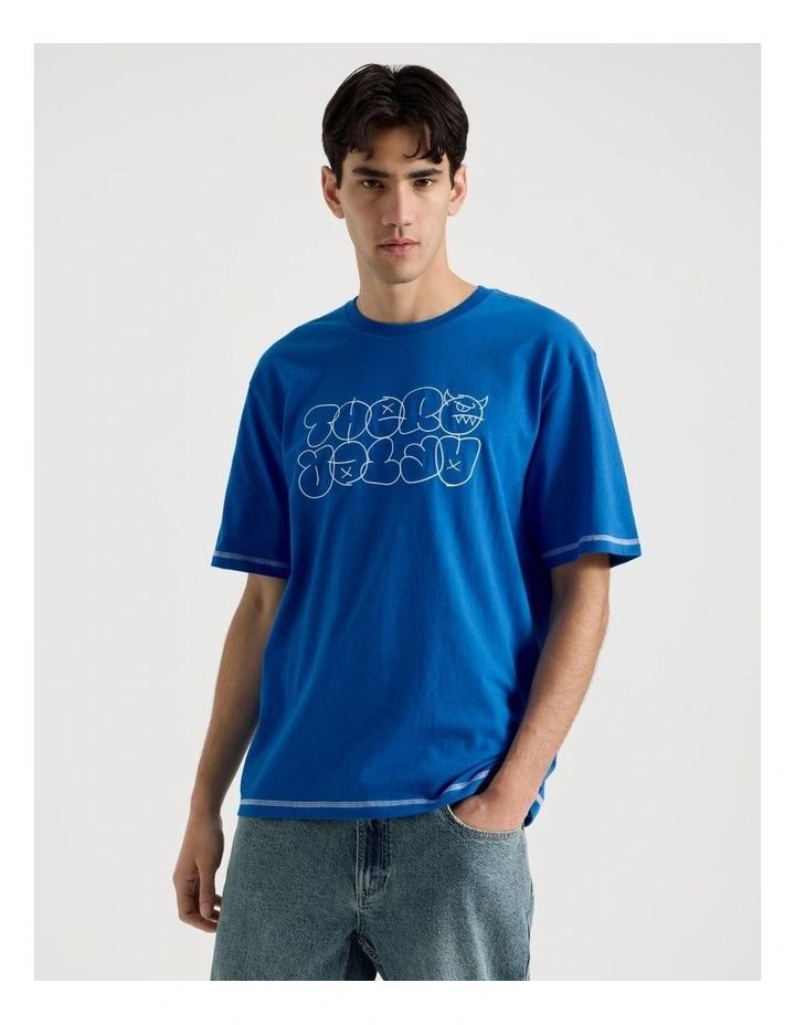 Contrast Stitch Print Short Sleeve Tee in Blue image 2
