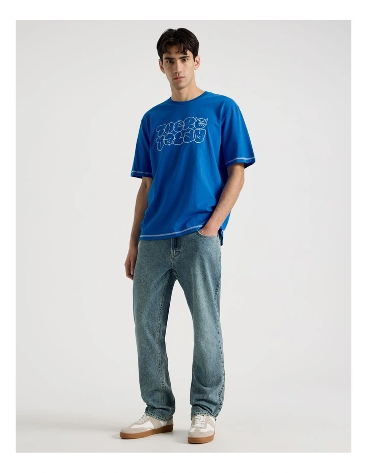 Contrast Stitch Print Short Sleeve Tee in Blue image 3
