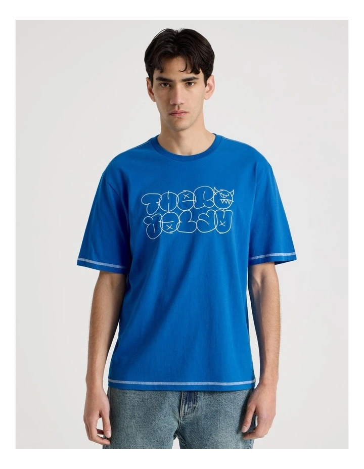 Contrast Stitch Print Short Sleeve Tee in Blue image 4