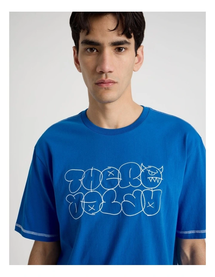 Contrast Stitch Print Short Sleeve Tee in Blue image 6