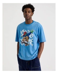 Alien Skate Print Short Sleeve Tee in Blue