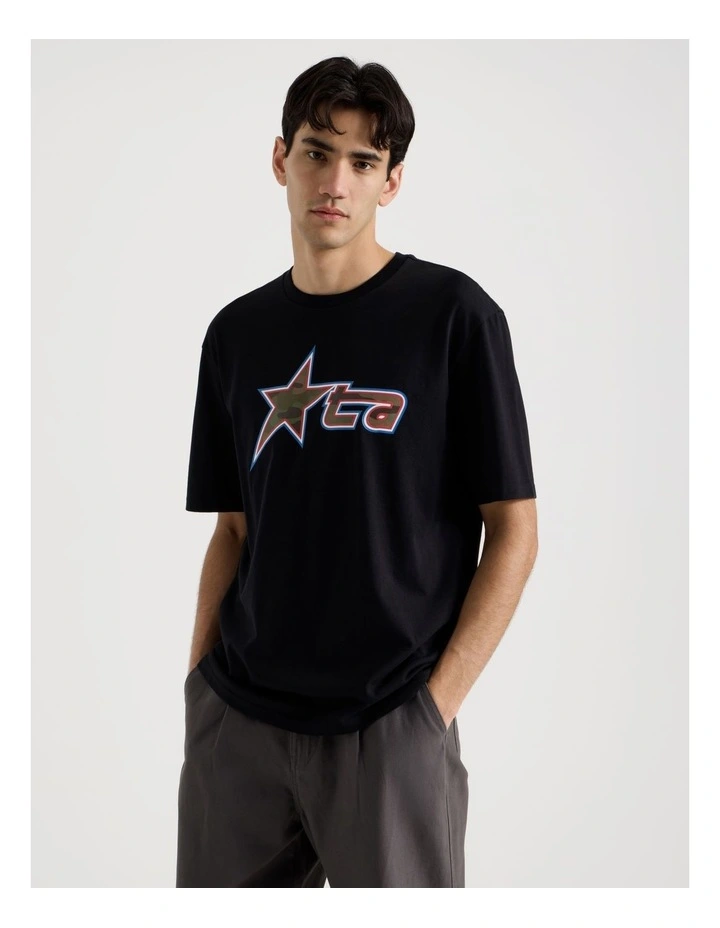 Retro Sport Print Short Sleeve Tee in Black image 1