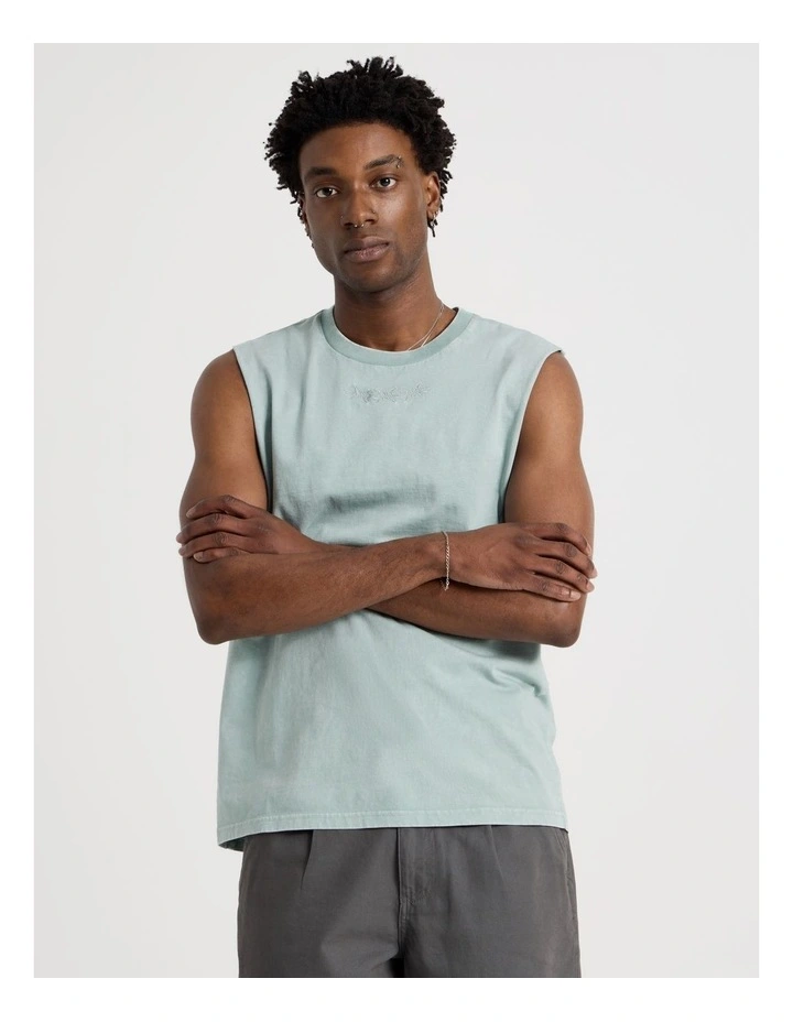Acid Wash Muscle Tank in Teal Barbed Print image 1