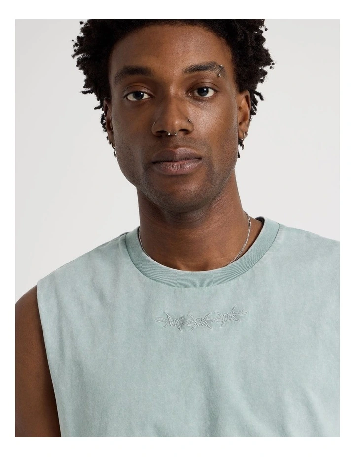 Acid Wash Muscle Tank in Teal Barbed Print image 2