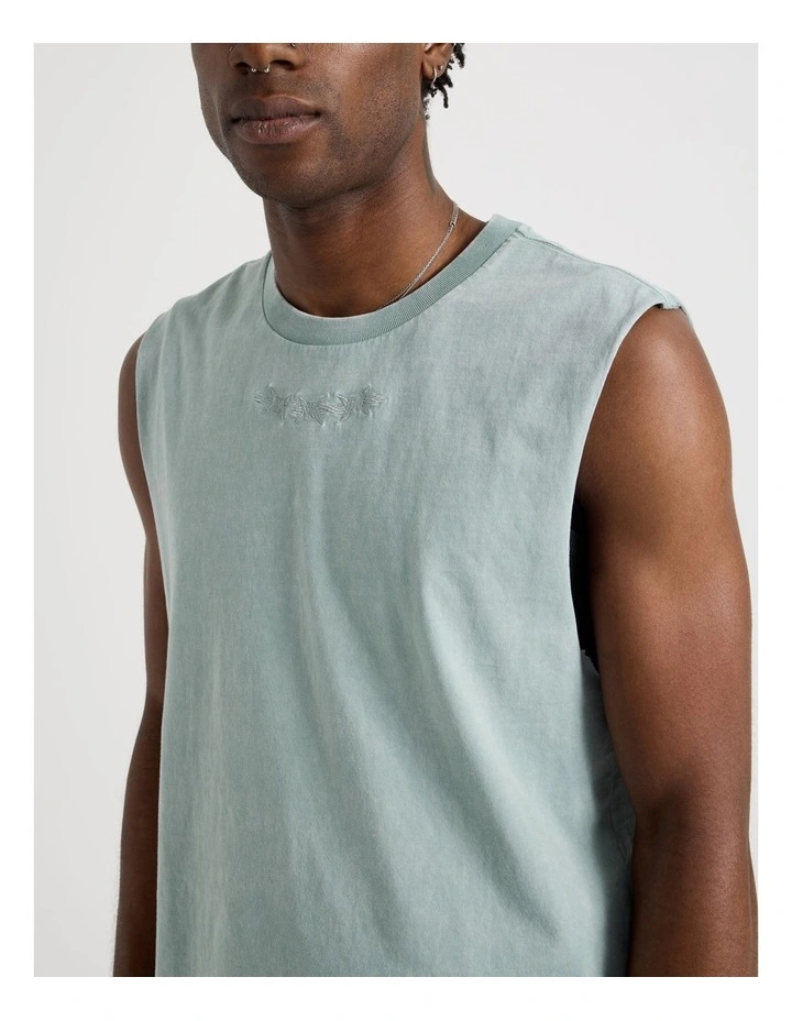 Acid Wash Muscle Tank in Teal Barbed Print image 7