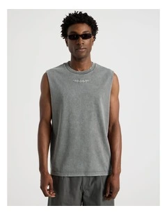 Acid Wash Muscle Tank in Petrol Barbed Print