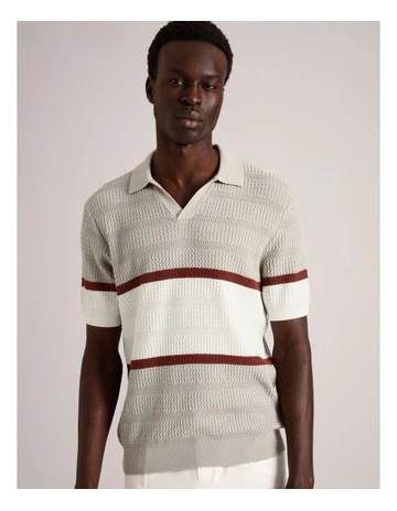 Alex Engineered Stripe Knit Polo in Rust
