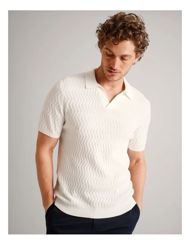 Callum Textured Knit Polo in White image 2