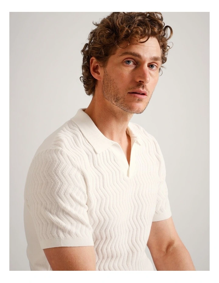 Callum Textured Knit Polo in White image 4