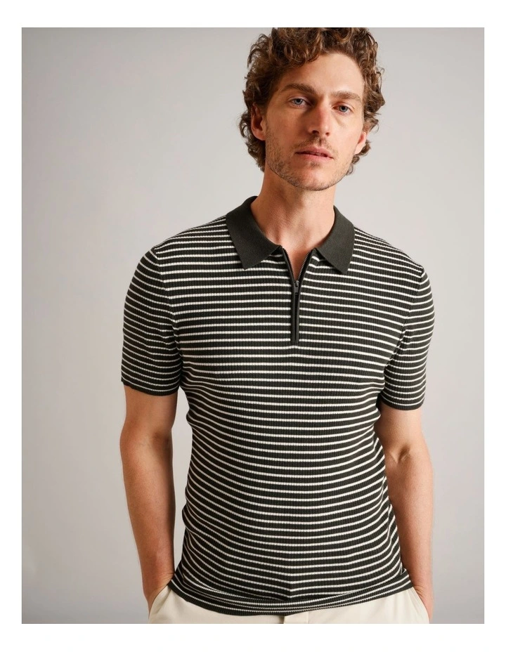 Nathan Textured Knit Stripe Polo in Khaki image 1