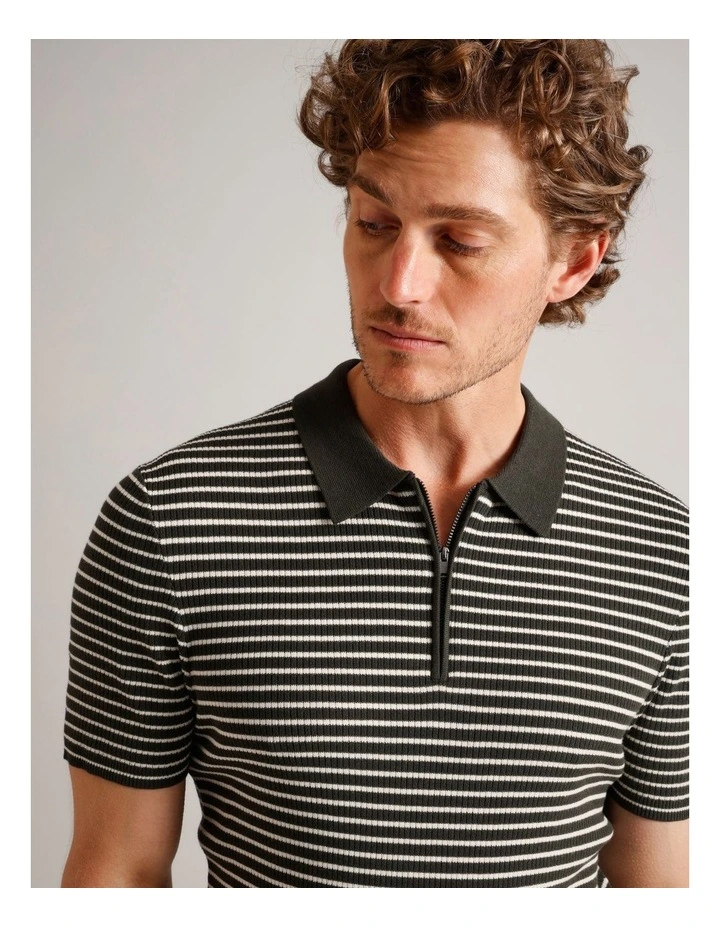 Nathan Textured Knit Stripe Polo in Khaki image 2