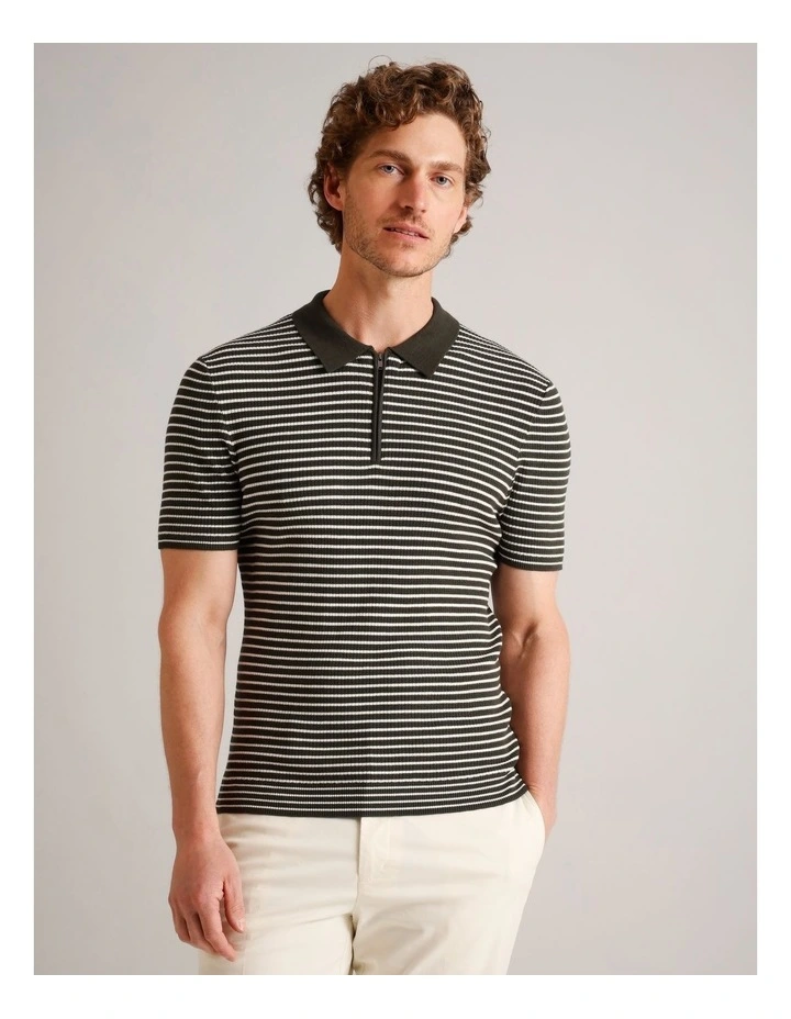 Nathan Textured Knit Stripe Polo in Khaki image 4