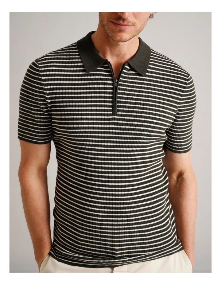 Nathan Textured Knit Stripe Polo in Khaki image 6