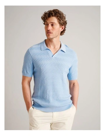 Callum Textured Knit Polo in Light Blue