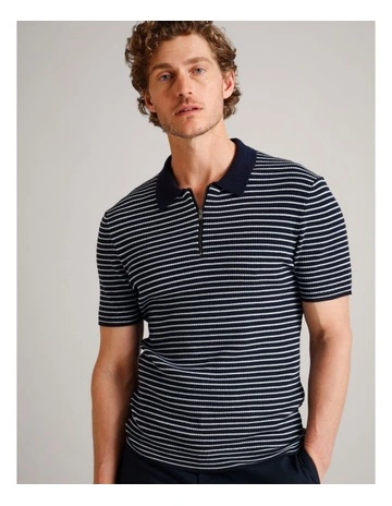 Nathan Textured Knit Stripe Polo in Navy