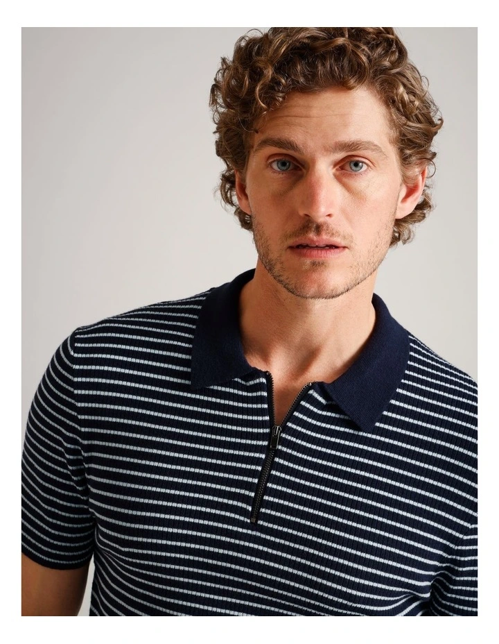 Nathan Textured Knit Stripe Polo in Navy image 3