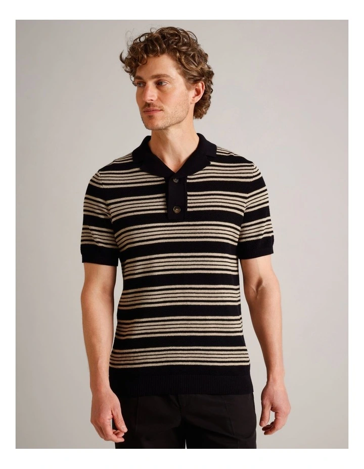 Landon Stripe Knit Polo in Black image 1