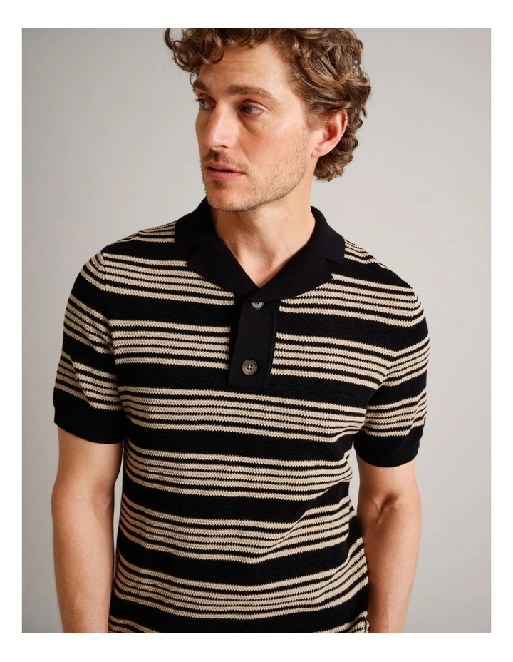 Landon Stripe Knit Polo in Black image 4