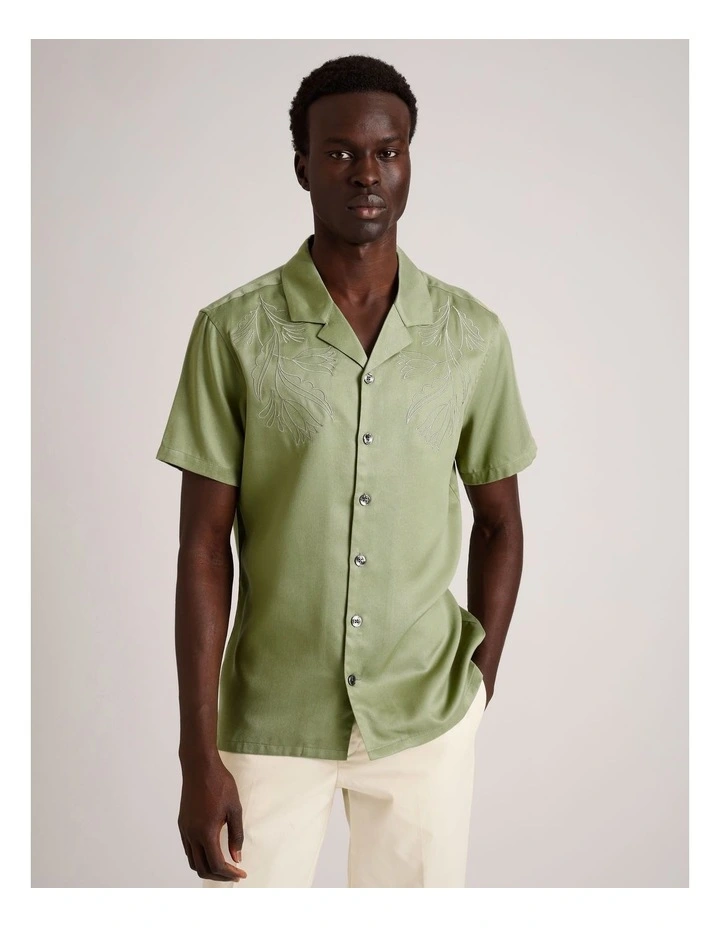 Elijah Embroidered Short Sleeve Lyocell Shirt in Green image 2