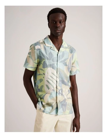 Matteo Abstract Print Short Sleeve Linen Blend Shirt in Sage