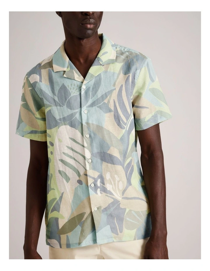 Matteo Abstract Print Short Sleeve Linen Blend Shirt in Sage image 4