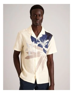Henry Floral Print Short Sleeve Linen Blend Shirt in White