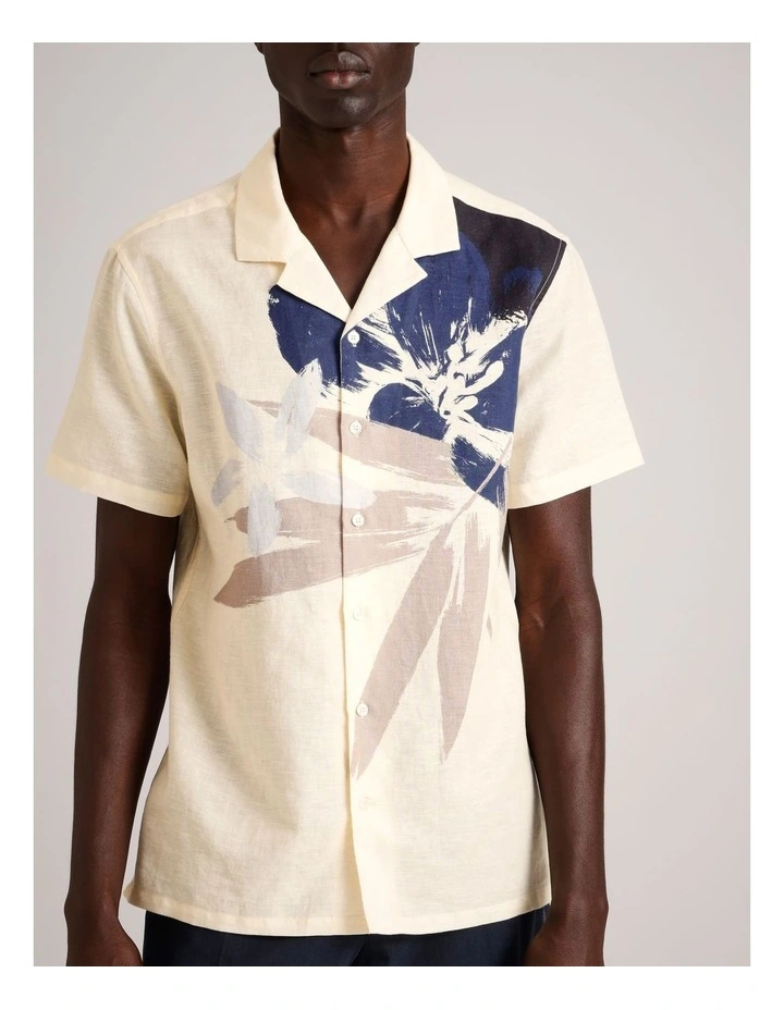 Henry Floral Print Short Sleeve Linen Blend Shirt in White image 3