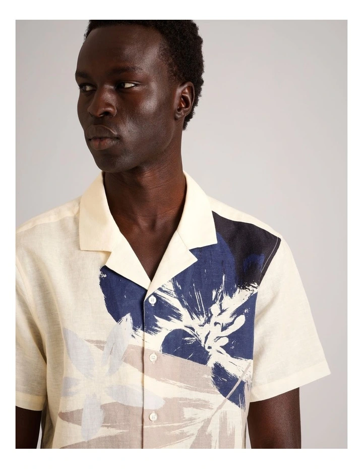 Henry Floral Print Short Sleeve Linen Blend Shirt in White image 4