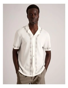 Noah Placement Knit Short Sleeve Shirt in White