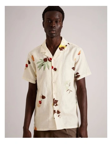 Kai Printed Short Sleeve Linen Blend Shirt in Natural