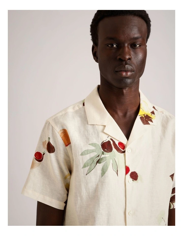 Kai Printed Short Sleeve Linen Blend Shirt in Natural image 3