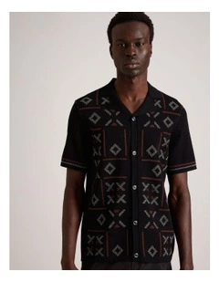 Roman Textured Knit Short Sleeve Shirt in Black