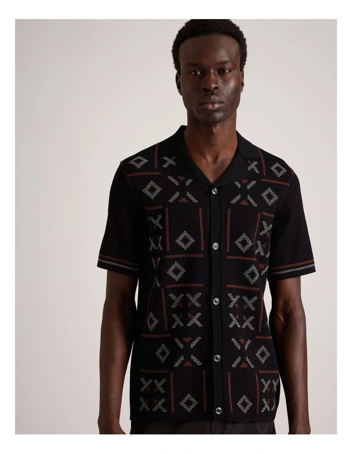 Roman Textured Knit Short Sleeve Shirt in Black image 1