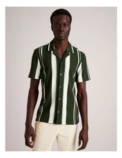 Liam Ribbed Stripe Resort Collar Short Sleeve Shirt in Sage