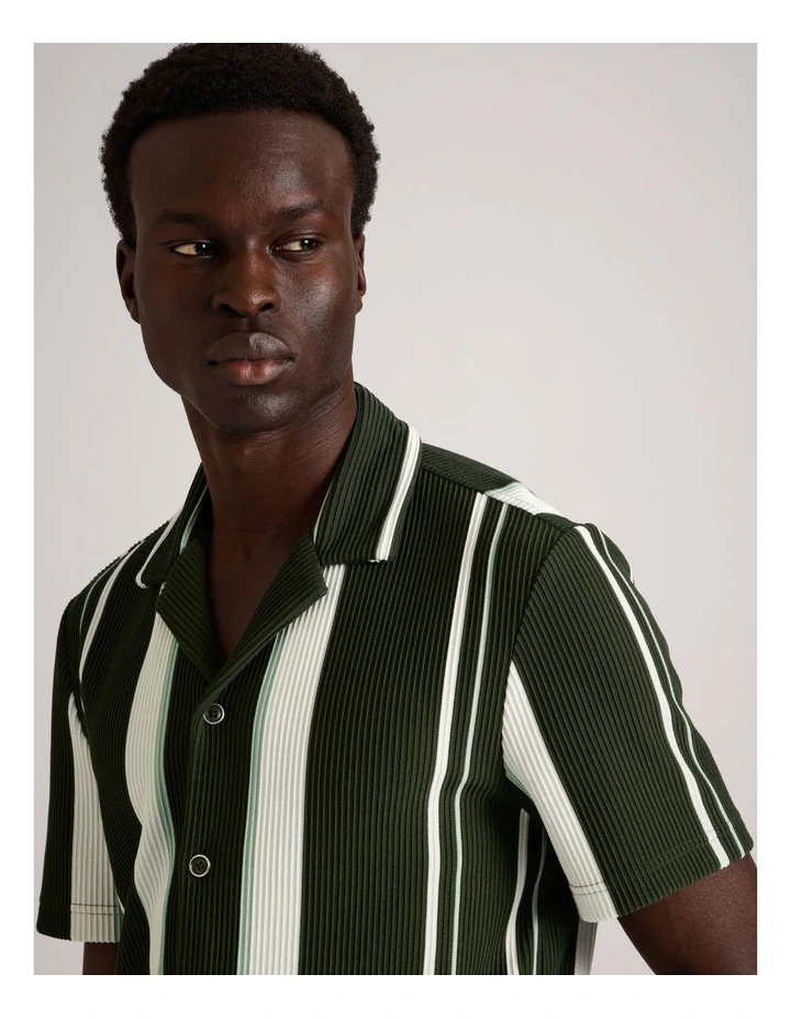 Liam Ribbed Stripe Resort Collar Short Sleeve Shirt in Sage image 2