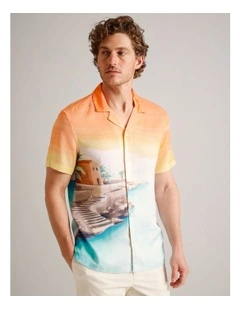 Elio Abstract Print Short Sleeve Lyocell Shirt in Blue