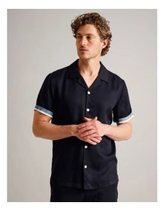 Max Contrast Cuff Short Sleeve Lyocell Shirt in Navy