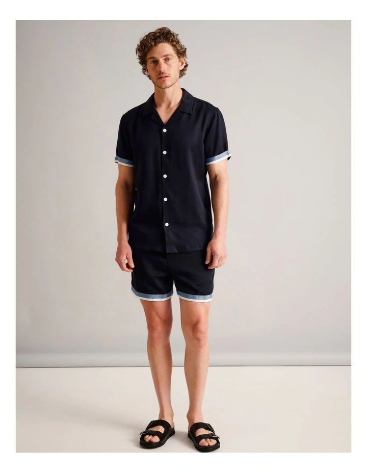 Max Contrast Cuff Short Sleeve Lyocell Shirt in Navy image 2