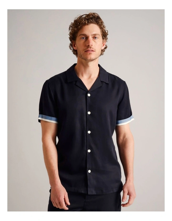 Max Contrast Cuff Short Sleeve Lyocell Shirt in Navy image 3