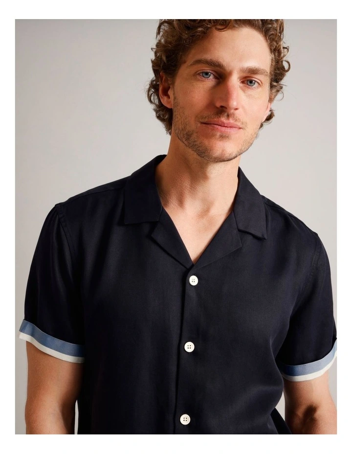 Max Contrast Cuff Short Sleeve Lyocell Shirt in Navy image 4