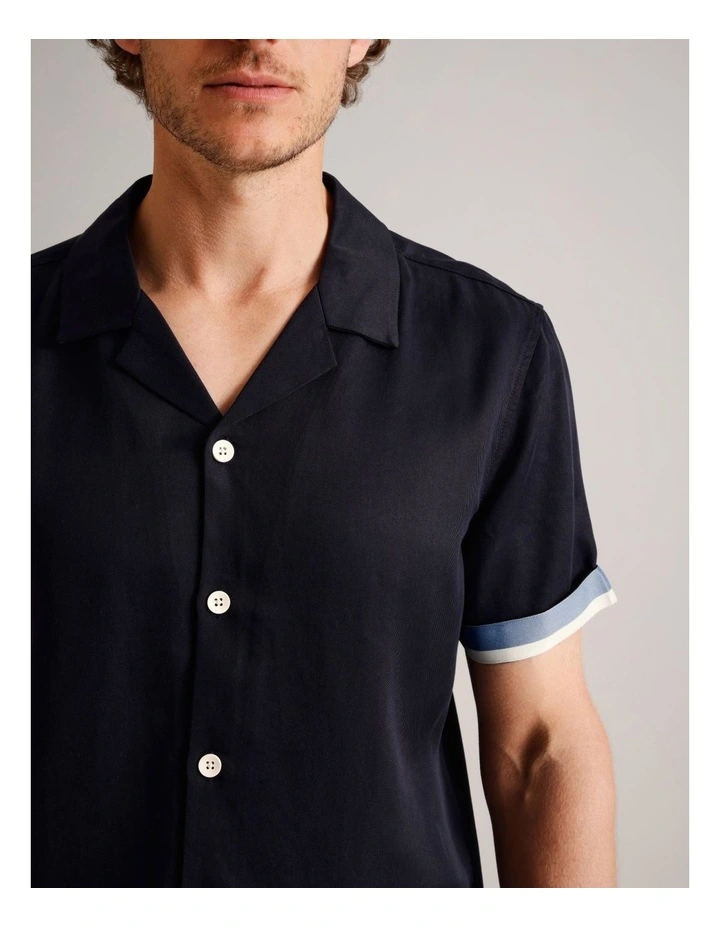 Max Contrast Cuff Short Sleeve Lyocell Shirt in Navy image 5