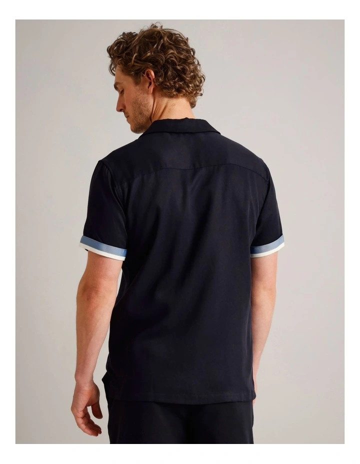 Max Contrast Cuff Short Sleeve Lyocell Shirt in Navy image 6