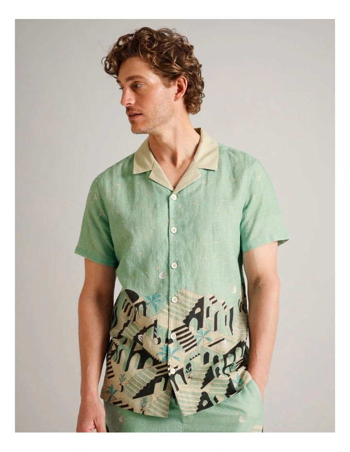 Asher Abstract Print Short Sleeve Linen Blend Shirt in Sage image 1