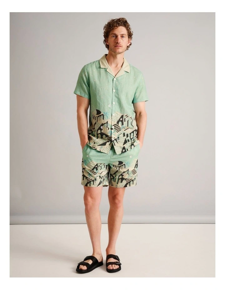 Asher Abstract Print Short Sleeve Linen Blend Shirt in Sage image 2