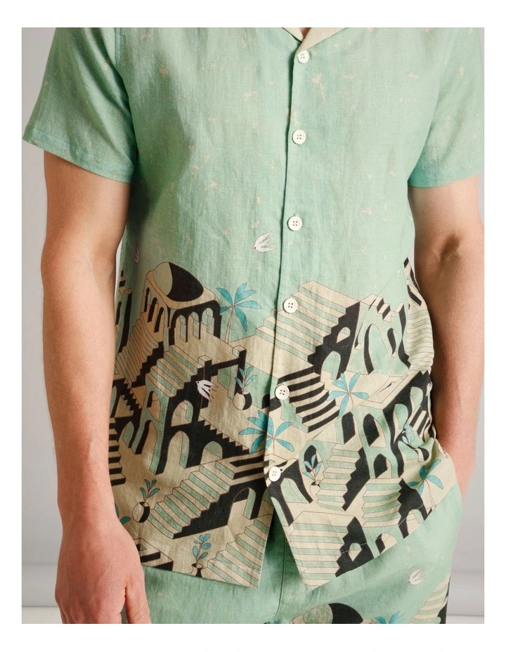 Asher Abstract Print Short Sleeve Linen Blend Shirt in Sage image 3